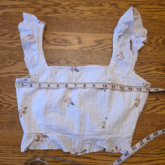 Cottage Core S White Floral Embroidered Ruffle Crop Top Square Neck Tie Back - Picture 10 of 11